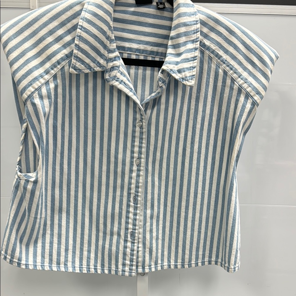 Blue and White Striped Sleeveless Shirt
